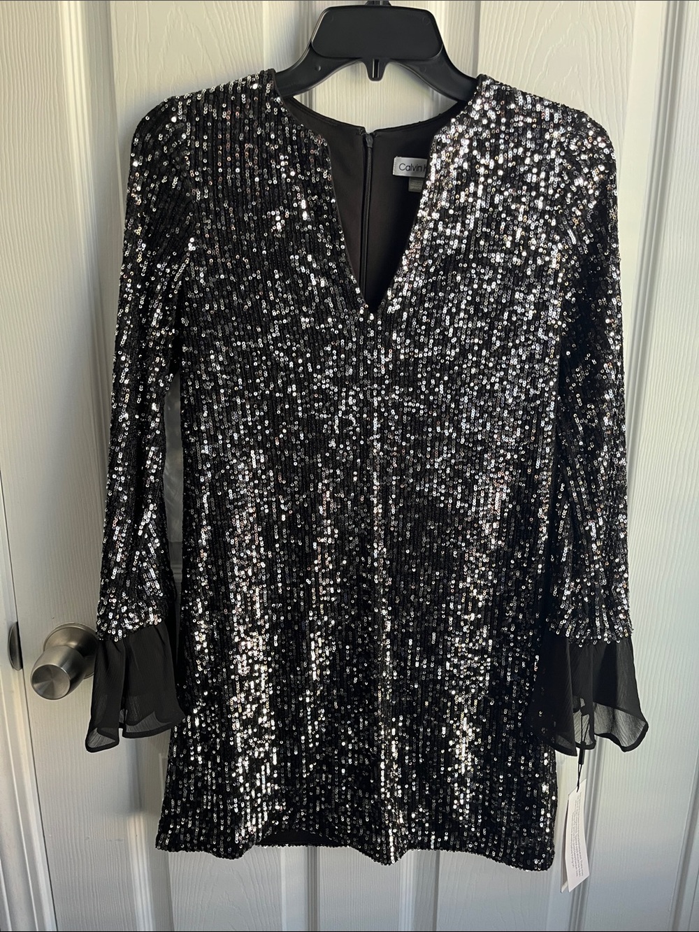 Calvin Klein Black Sequin V-Neck Mini Dress with Sheer Cuffs - Picture 2 of 10